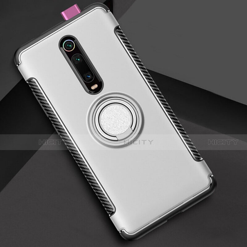 Custodia Silicone e Plastica Opaca Cover con Magnetico Anello Supporto R04 per Xiaomi Redmi K20 Argento