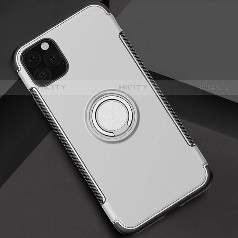 Custodia Silicone e Plastica Opaca Cover con Magnetico Anello Supporto S01 per Apple iPhone 11 Pro Max Argento
