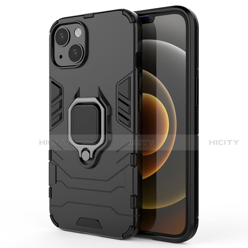 Custodia Silicone e Plastica Opaca Cover con Magnetico Anello Supporto S01 per Apple iPhone 13 Mini Nero