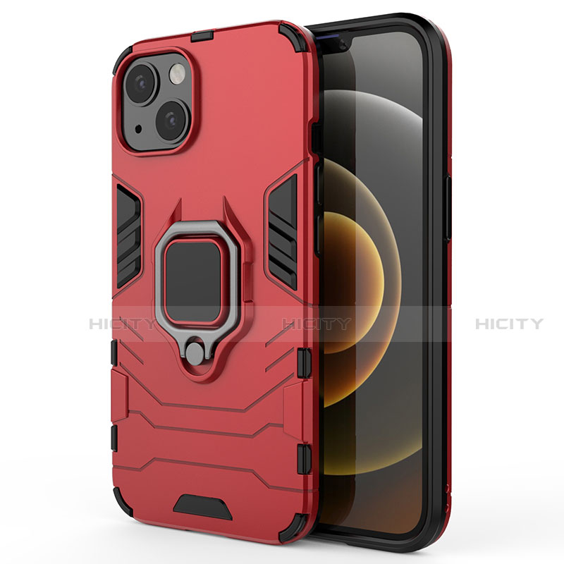 Custodia Silicone e Plastica Opaca Cover con Magnetico Anello Supporto S01 per Apple iPhone 13 Mini Rosso