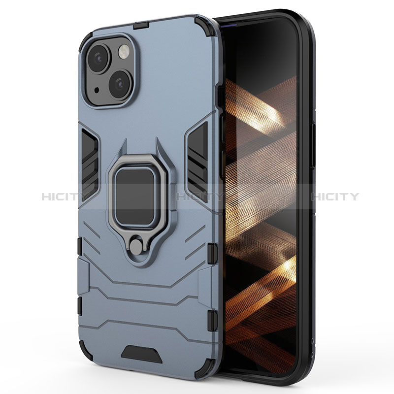Custodia Silicone e Plastica Opaca Cover con Magnetico Anello Supporto S01 per Apple iPhone 15 Plus Blu