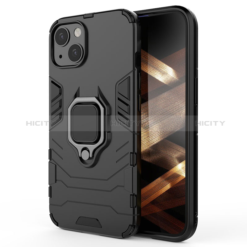 Custodia Silicone e Plastica Opaca Cover con Magnetico Anello Supporto S01 per Apple iPhone 15 Plus Nero