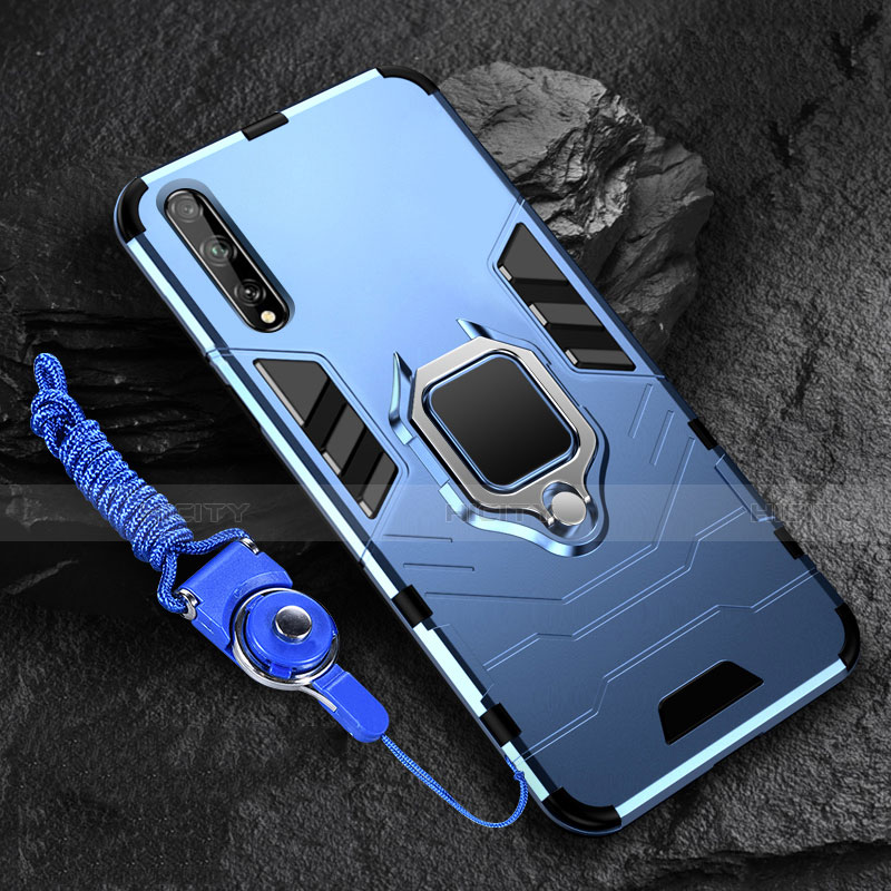 Custodia Silicone e Plastica Opaca Cover con Magnetico Anello Supporto S01 per Huawei Enjoy 10S Blu