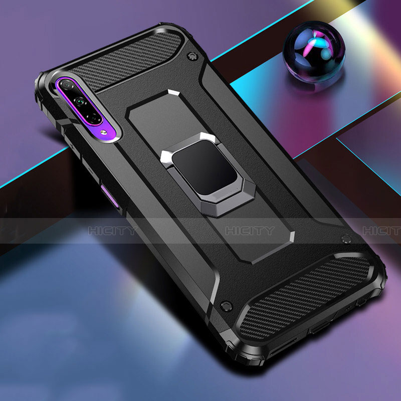 Custodia Silicone e Plastica Opaca Cover con Magnetico Anello Supporto S01 per Huawei Honor 9X Pro Nero
