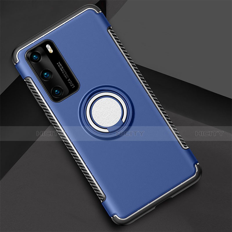 Custodia Silicone e Plastica Opaca Cover con Magnetico Anello Supporto S01 per Huawei P40 Blu