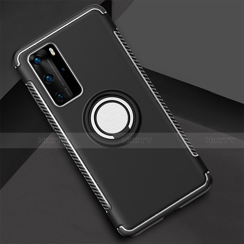 Custodia Silicone e Plastica Opaca Cover con Magnetico Anello Supporto S01 per Huawei P40 Pro Nero