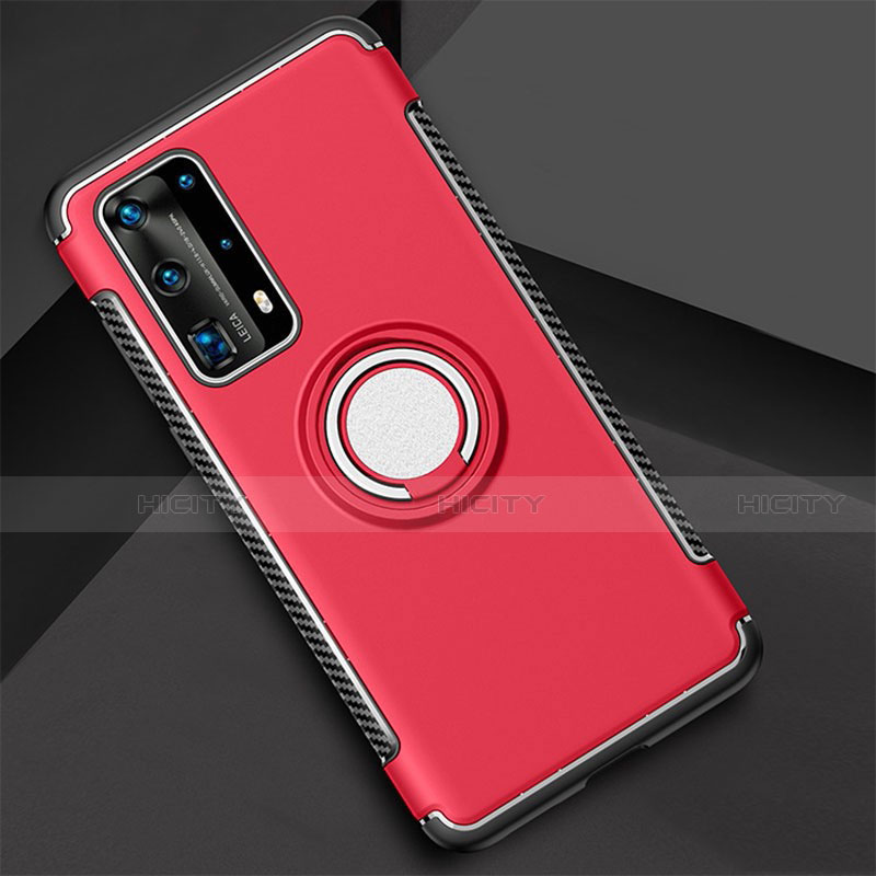 Custodia Silicone e Plastica Opaca Cover con Magnetico Anello Supporto S01 per Huawei P40 Pro+ Plus Rosso