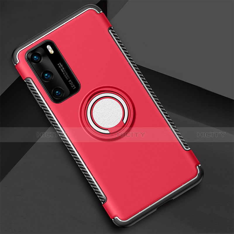 Custodia Silicone e Plastica Opaca Cover con Magnetico Anello Supporto S01 per Huawei P40 Rosso