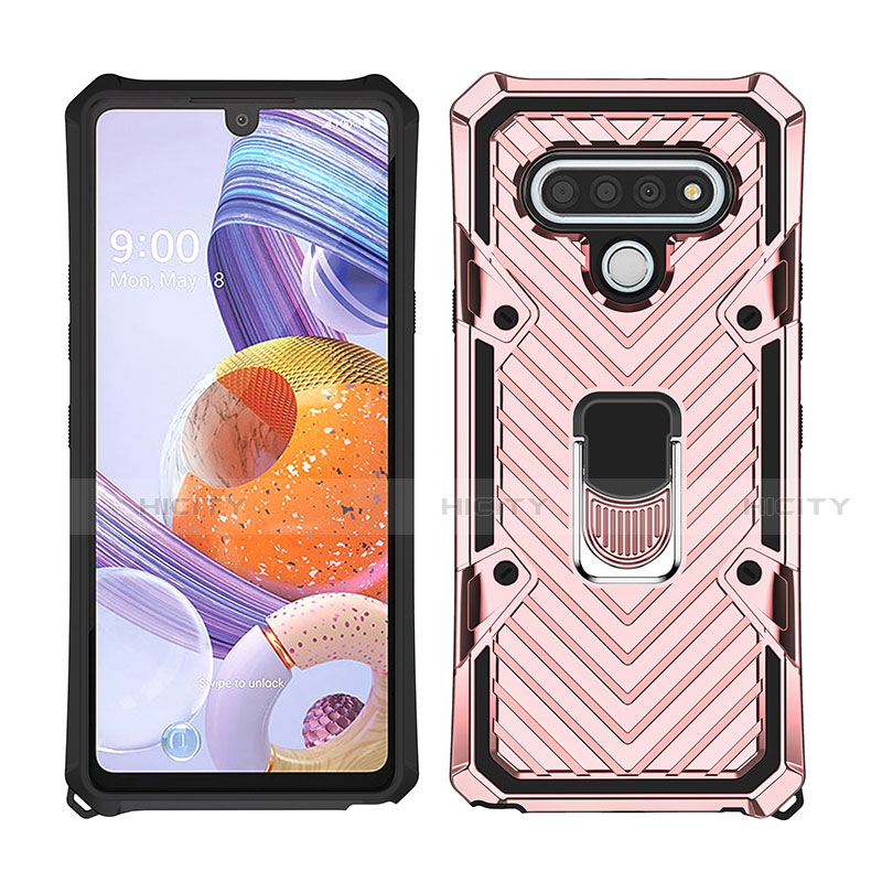 Custodia Silicone e Plastica Opaca Cover con Magnetico Anello Supporto S01 per LG Stylo 6 Oro Rosa