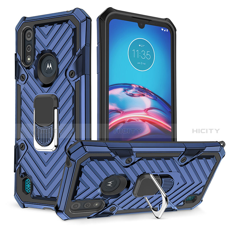 Custodia Silicone e Plastica Opaca Cover con Magnetico Anello Supporto S01 per Motorola Moto E6s (2020) Blu
