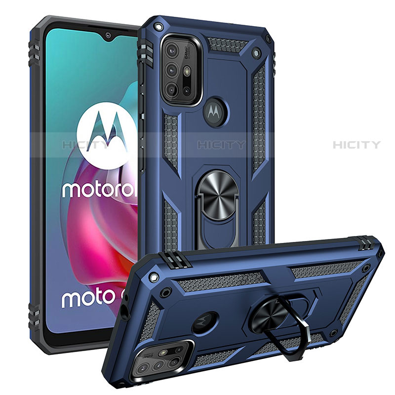 Custodia Silicone e Plastica Opaca Cover con Magnetico Anello Supporto S01 per Motorola Moto G10 Power Blu