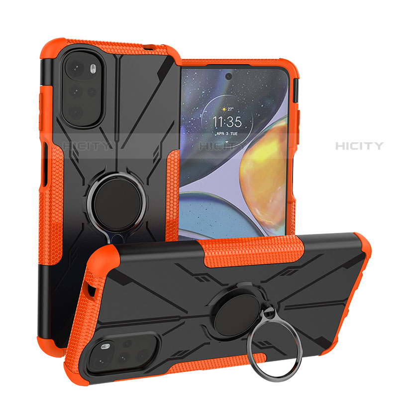 Custodia Silicone e Plastica Opaca Cover con Magnetico Anello Supporto S01 per Motorola Moto G22 Arancione