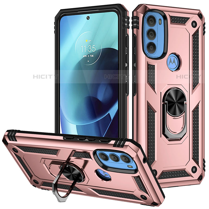 Custodia Silicone e Plastica Opaca Cover con Magnetico Anello Supporto S01 per Motorola Moto G71 5G Oro Rosa