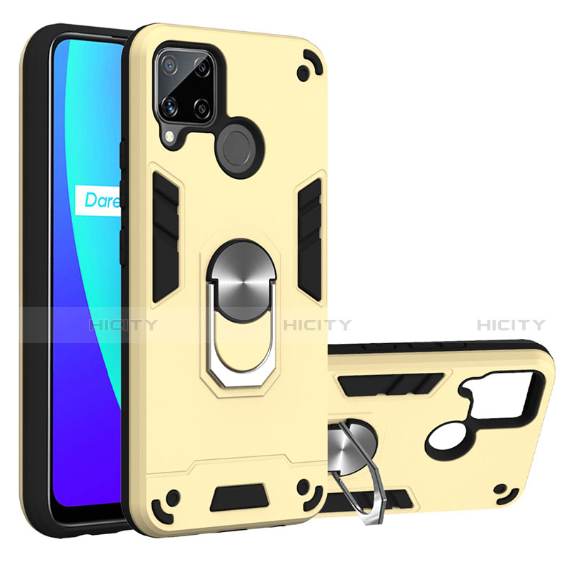 Custodia Silicone e Plastica Opaca Cover con Magnetico Anello Supporto S01 per Realme C15 Oro