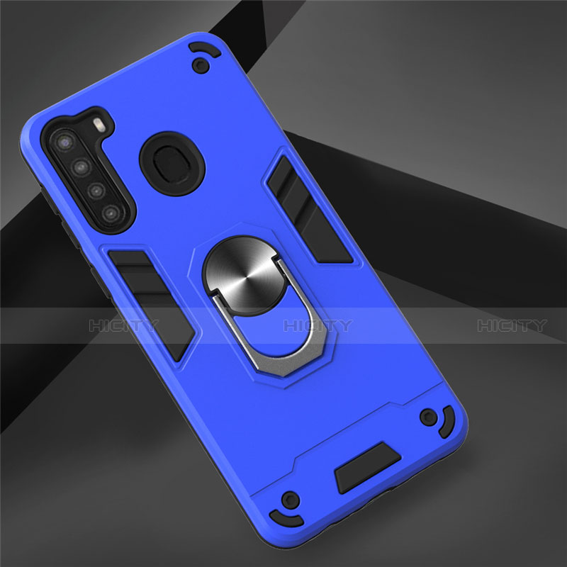 Custodia Silicone e Plastica Opaca Cover con Magnetico Anello Supporto S01 per Samsung Galaxy A21 Blu