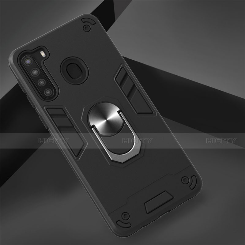 Custodia Silicone e Plastica Opaca Cover con Magnetico Anello Supporto S01 per Samsung Galaxy A21 Nero
