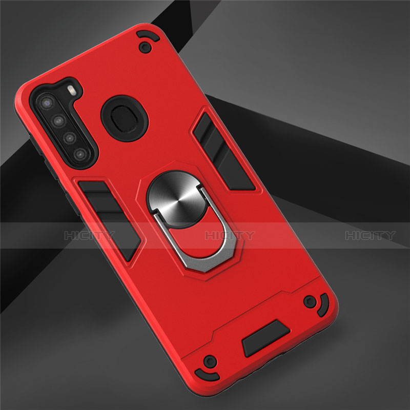 Custodia Silicone e Plastica Opaca Cover con Magnetico Anello Supporto S01 per Samsung Galaxy A21 Rosso