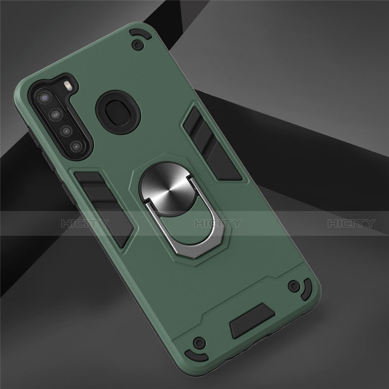 Custodia Silicone e Plastica Opaca Cover con Magnetico Anello Supporto S01 per Samsung Galaxy A21 Verde