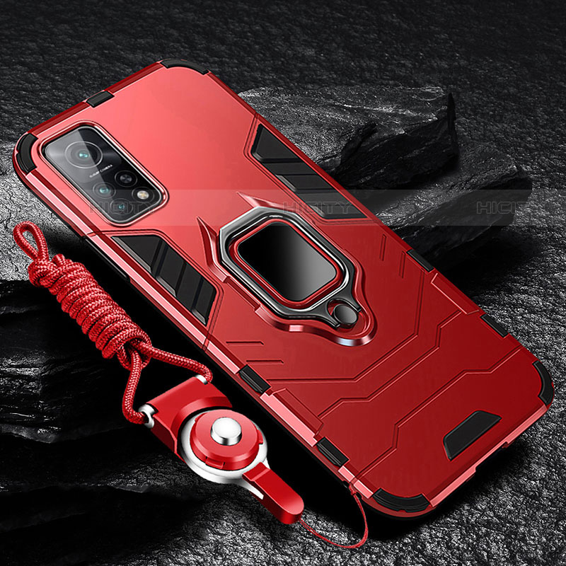 Custodia Silicone e Plastica Opaca Cover con Magnetico Anello Supporto S01 per Xiaomi Mi 10T Pro 5G Rosso