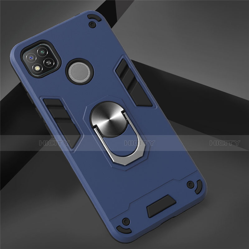 Custodia Silicone e Plastica Opaca Cover con Magnetico Anello Supporto S01 per Xiaomi Redmi 9C NFC Blu Notte