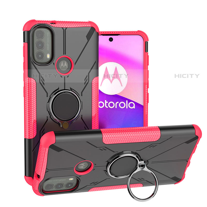 Custodia Silicone e Plastica Opaca Cover con Magnetico Anello Supporto S02 per Motorola Moto E20 Rosa Caldo
