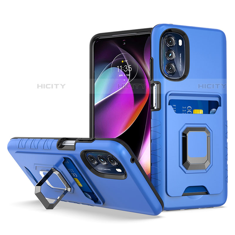 Custodia Silicone e Plastica Opaca Cover con Magnetico Anello Supporto S02 per Motorola Moto G 5G (2022) Blu