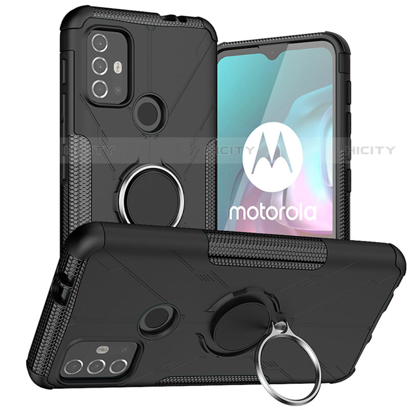 Custodia Silicone e Plastica Opaca Cover con Magnetico Anello Supporto S02 per Motorola Moto G10 Nero