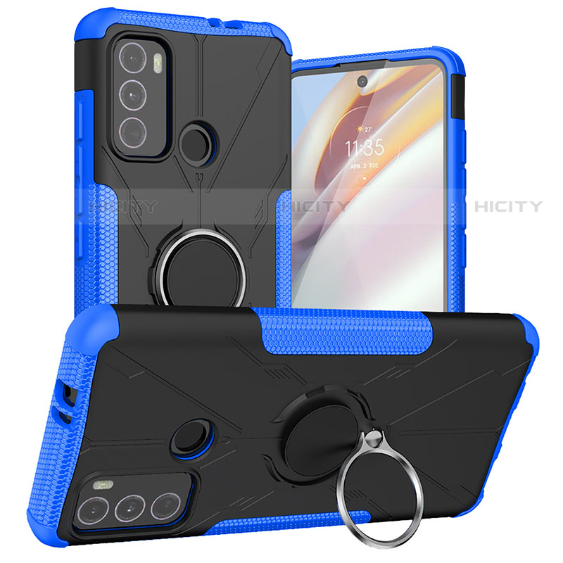 Custodia Silicone e Plastica Opaca Cover con Magnetico Anello Supporto S02 per Motorola Moto G40 Fusion Blu