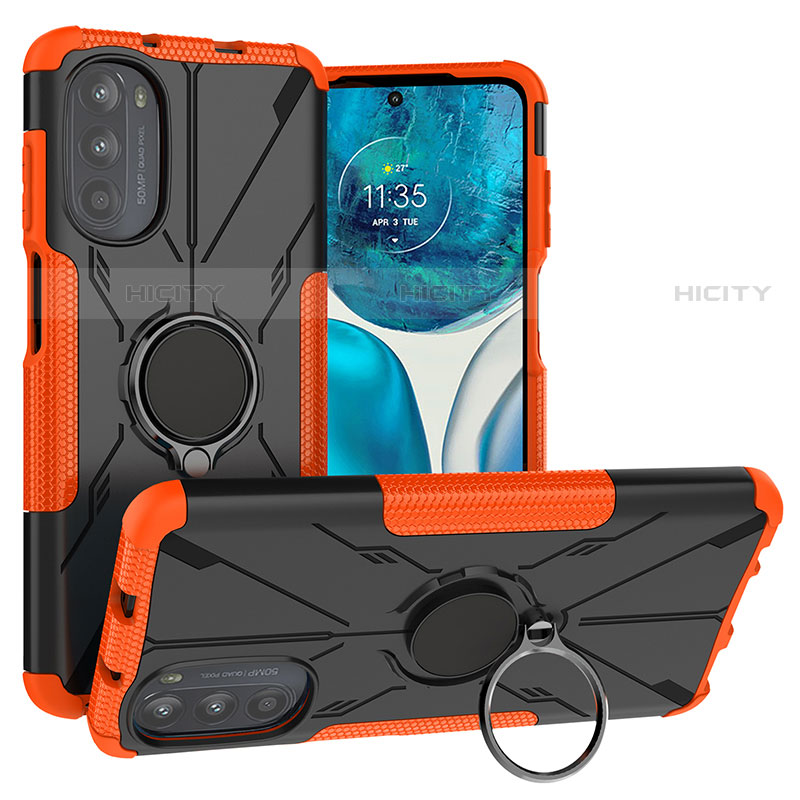Custodia Silicone e Plastica Opaca Cover con Magnetico Anello Supporto S02 per Motorola MOTO G52 Arancione