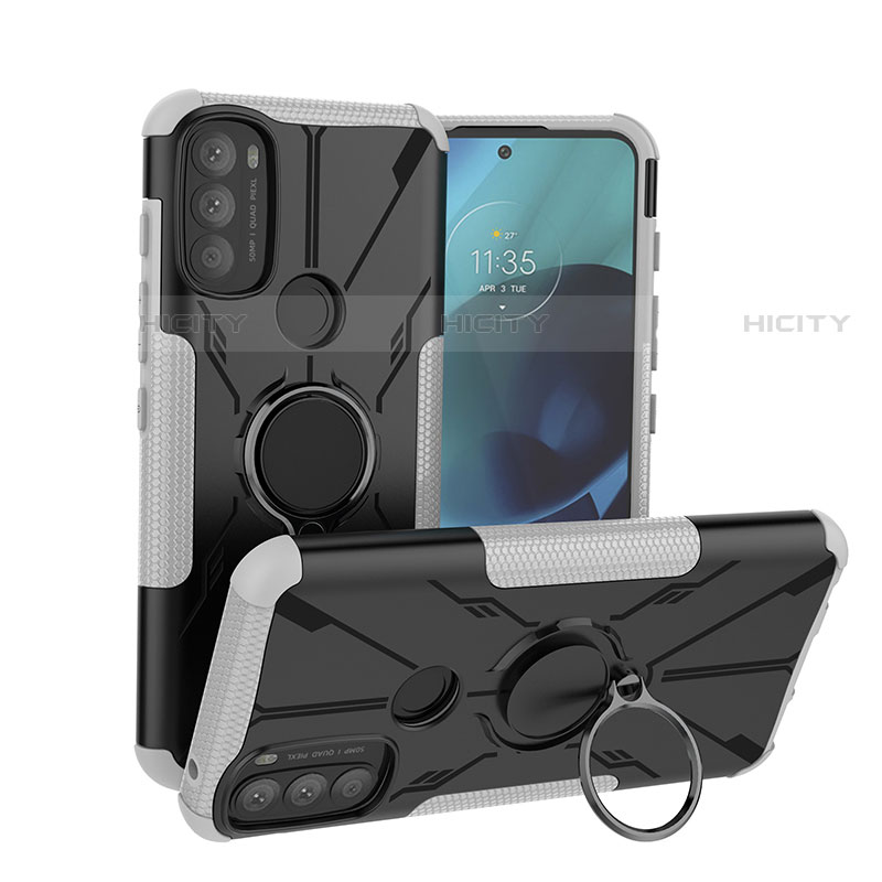Custodia Silicone e Plastica Opaca Cover con Magnetico Anello Supporto S02 per Motorola Moto G71 5G Bianco