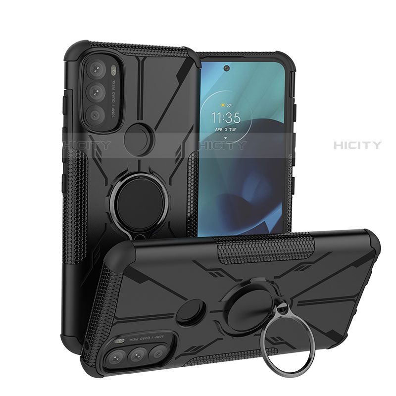 Custodia Silicone e Plastica Opaca Cover con Magnetico Anello Supporto S02 per Motorola Moto G71 5G Nero