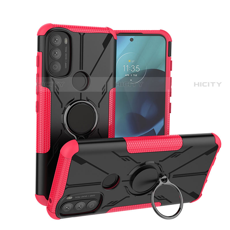 Custodia Silicone e Plastica Opaca Cover con Magnetico Anello Supporto S02 per Motorola Moto G71 5G Rosa Caldo