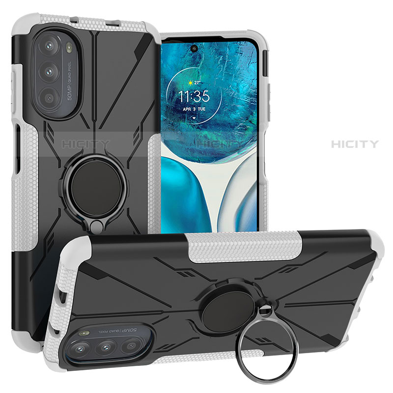Custodia Silicone e Plastica Opaca Cover con Magnetico Anello Supporto S02 per Motorola Moto G71s 5G Bianco