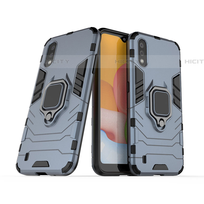 Custodia Silicone e Plastica Opaca Cover con Magnetico Anello Supporto S02 per Samsung Galaxy A01 SM-A015 Blu