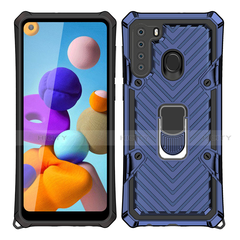 Custodia Silicone e Plastica Opaca Cover con Magnetico Anello Supporto S02 per Samsung Galaxy A21 Blu