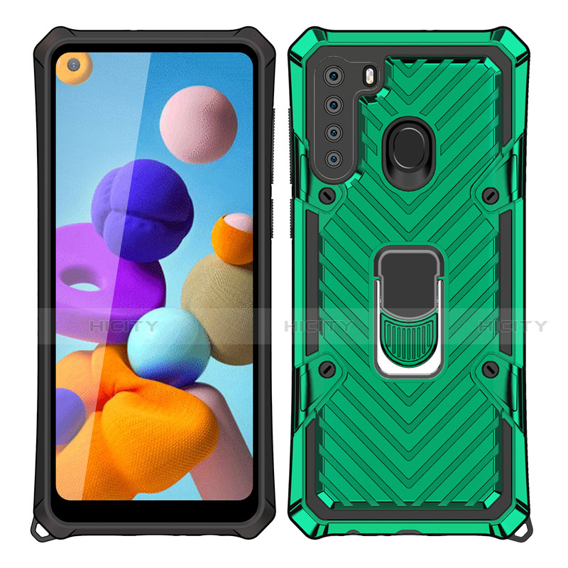 Custodia Silicone e Plastica Opaca Cover con Magnetico Anello Supporto S02 per Samsung Galaxy A21 Verde