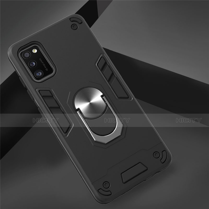 Custodia Silicone e Plastica Opaca Cover con Magnetico Anello Supporto S02 per Samsung Galaxy A41 Nero