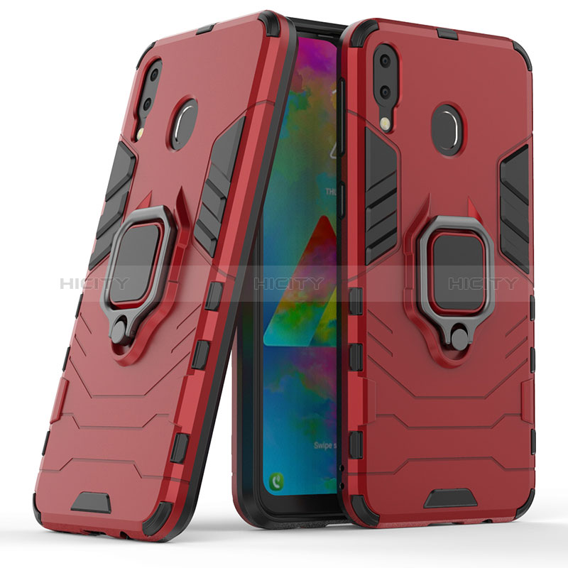 Custodia Silicone e Plastica Opaca Cover con Magnetico Anello Supporto S02 per Samsung Galaxy M20 Rosso