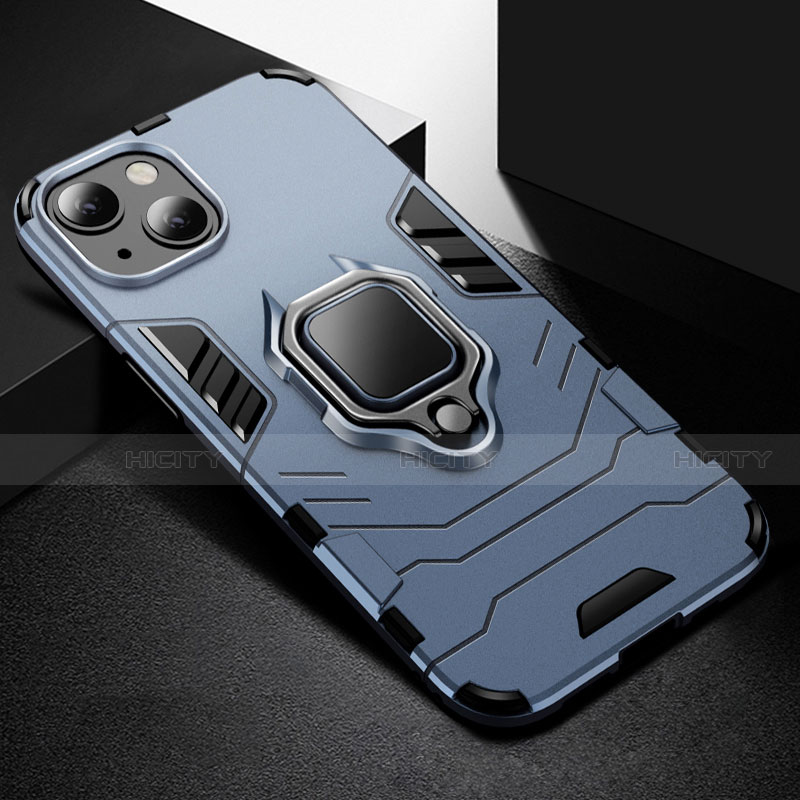 Custodia Silicone e Plastica Opaca Cover con Magnetico Anello Supporto S03 per Apple iPhone 13 Blu