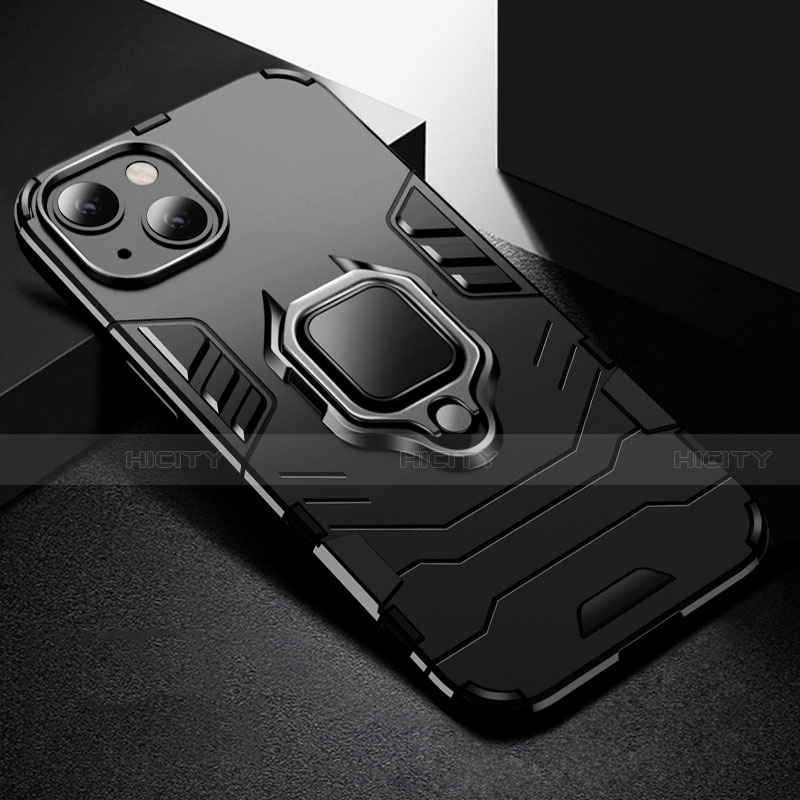 Custodia Silicone e Plastica Opaca Cover con Magnetico Anello Supporto S03 per Apple iPhone 13 Nero