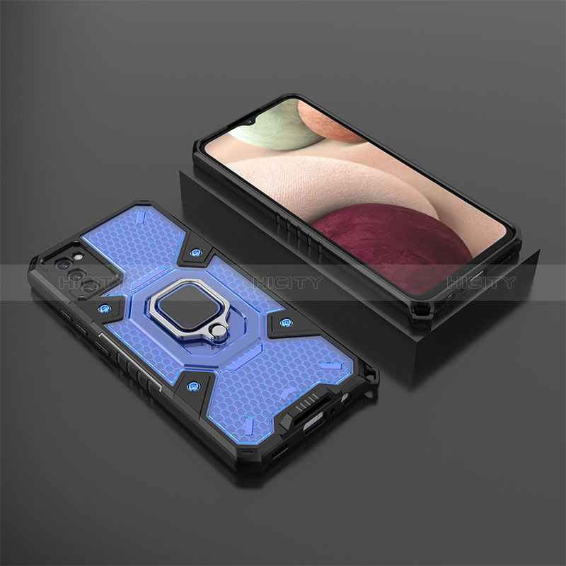 Custodia Silicone e Plastica Opaca Cover con Magnetico Anello Supporto S03 per Samsung Galaxy A02s Blu