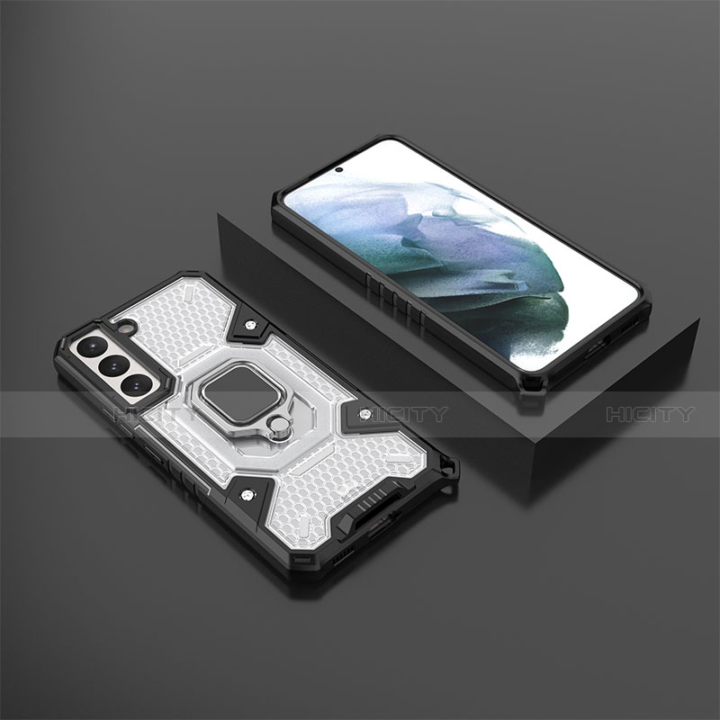 Custodia Silicone e Plastica Opaca Cover con Magnetico Anello Supporto S03 per Samsung Galaxy S21 5G Bianco