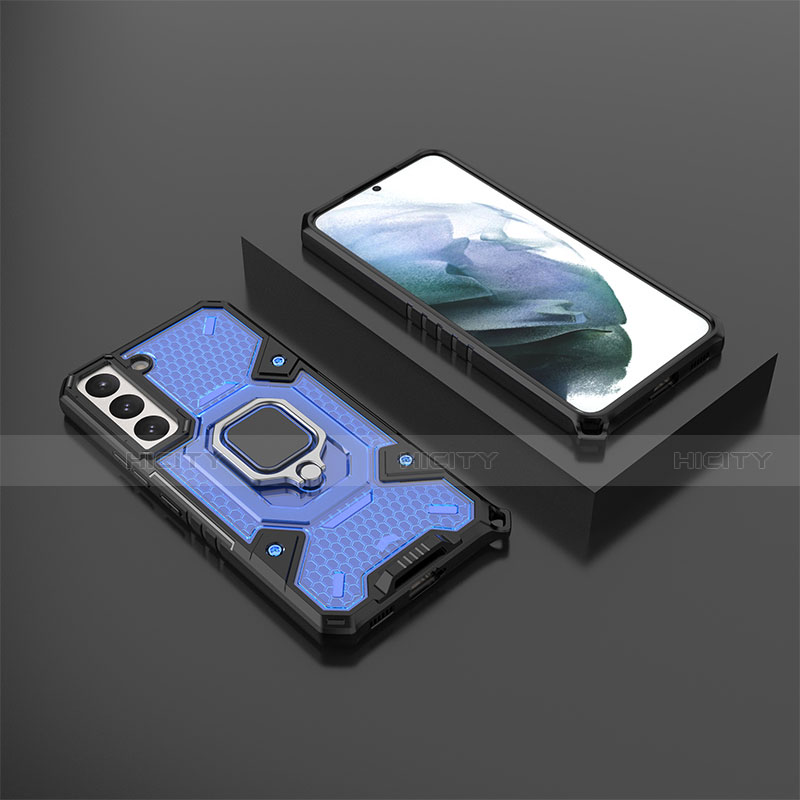 Custodia Silicone e Plastica Opaca Cover con Magnetico Anello Supporto S03 per Samsung Galaxy S21 5G Blu