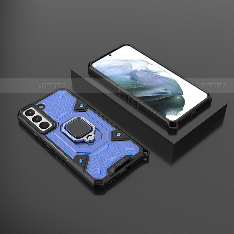 Custodia Silicone e Plastica Opaca Cover con Magnetico Anello Supporto S03 per Samsung Galaxy S22 5G Blu