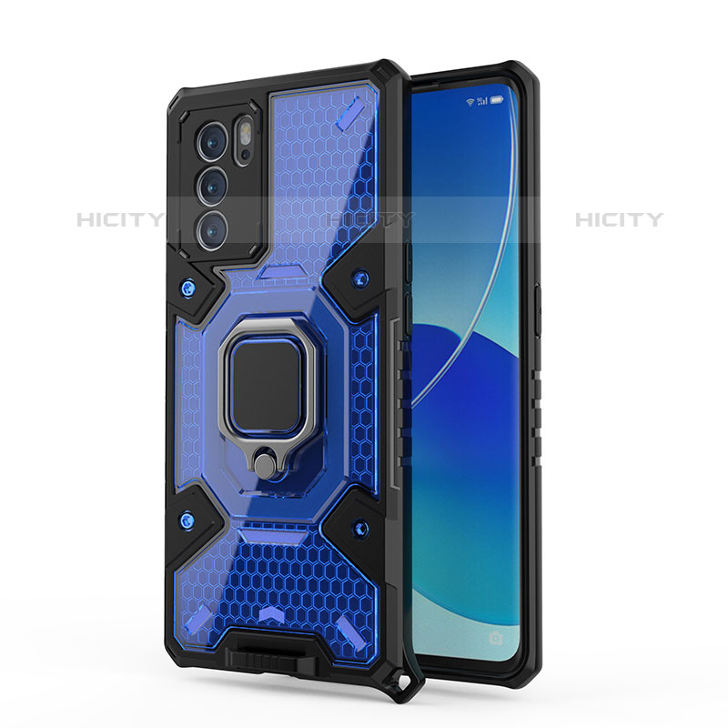 Custodia Silicone e Plastica Opaca Cover con Magnetico Anello Supporto S04 per Oppo Reno6 Pro 5G India Blu