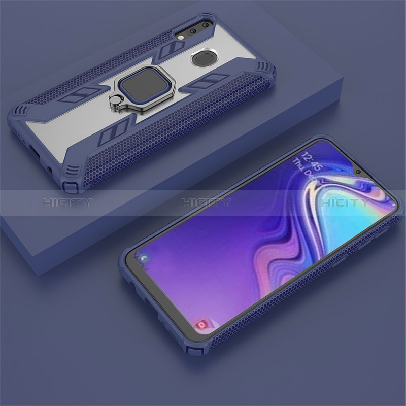 Custodia Silicone e Plastica Opaca Cover con Magnetico Anello Supporto S04 per Samsung Galaxy M20 Blu
