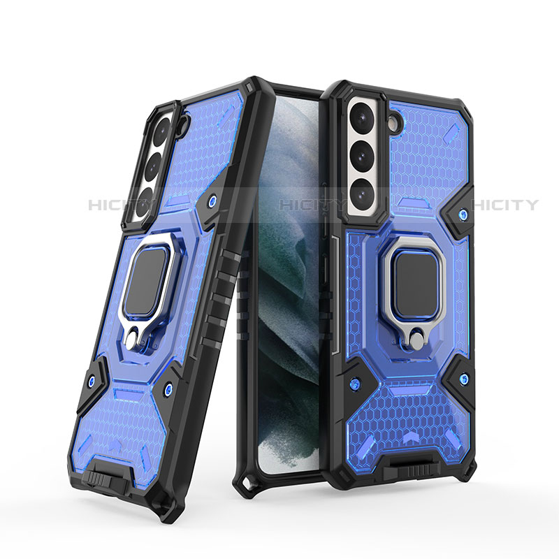 Custodia Silicone e Plastica Opaca Cover con Magnetico Anello Supporto S04 per Samsung Galaxy S21 FE 5G Blu