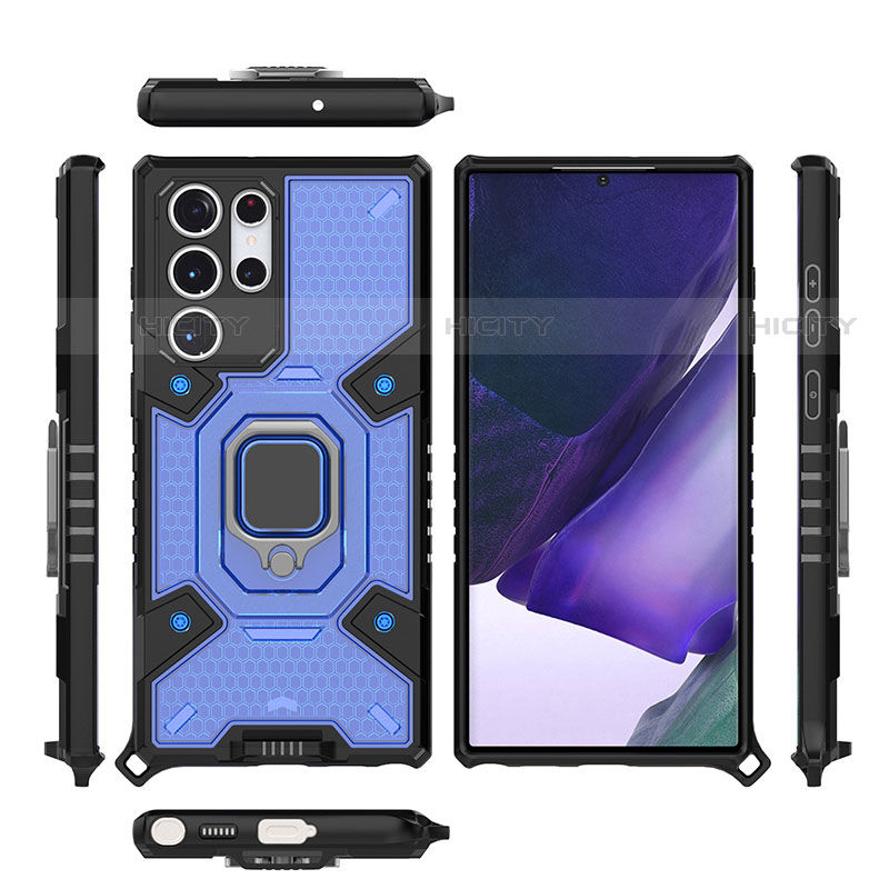 Custodia Silicone e Plastica Opaca Cover con Magnetico Anello Supporto S04 per Samsung Galaxy S21 Ultra 5G Blu