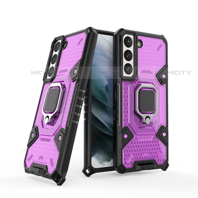 Custodia Silicone e Plastica Opaca Cover con Magnetico Anello Supporto S04 per Samsung Galaxy S22 5G Viola