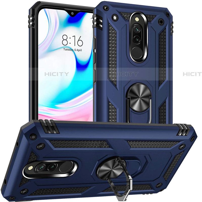 Custodia Silicone e Plastica Opaca Cover con Magnetico Anello Supporto S04 per Xiaomi Redmi 8 Blu